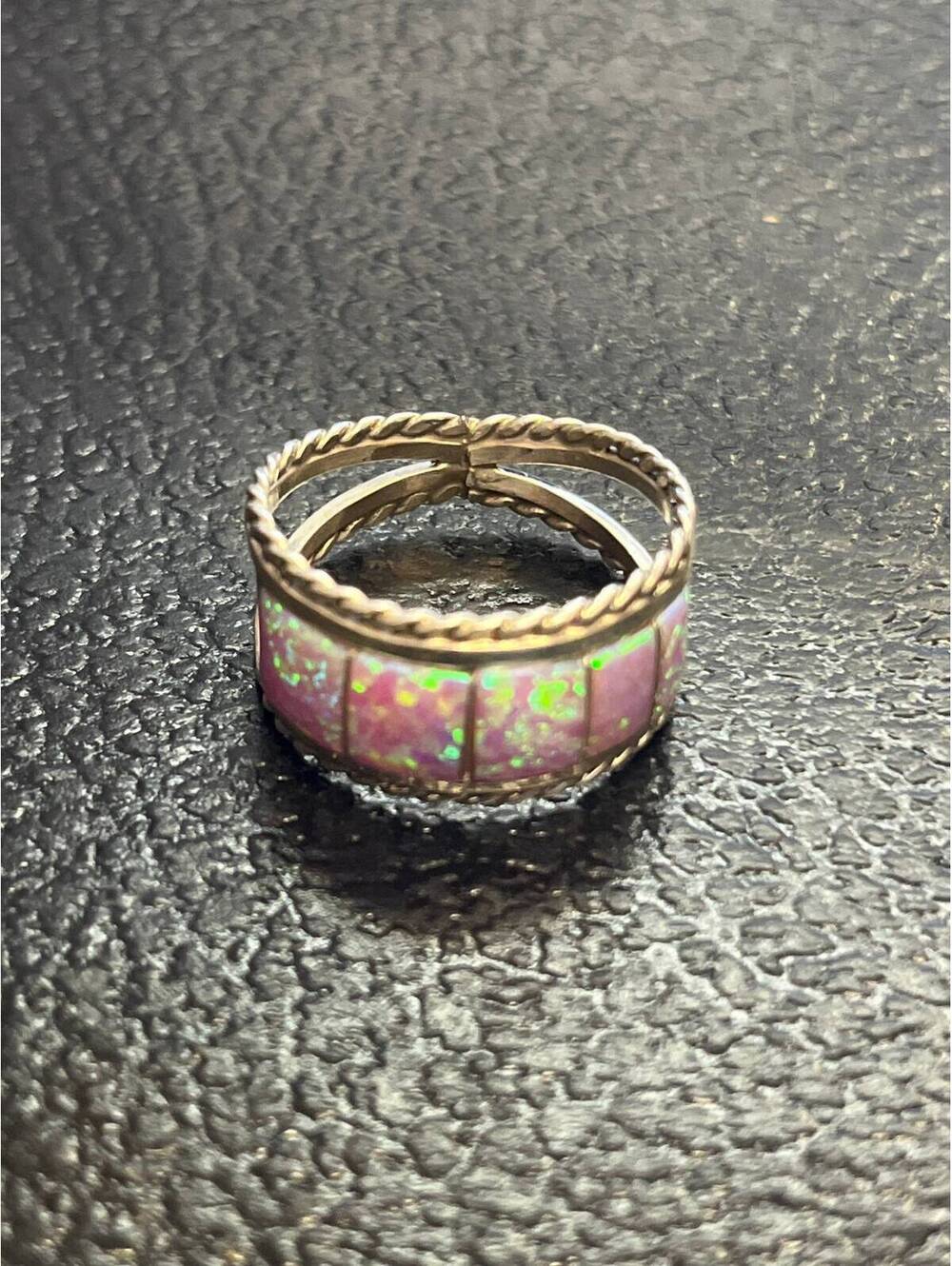 Navajo handmade inlay cluster opal sterling silver inlay ring size 8.5